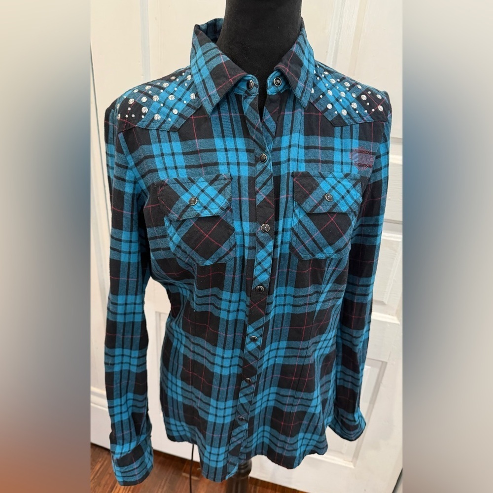 Harley Davidson Motorcycles Embroidered Logo Snap Button Back Flannel Sz M